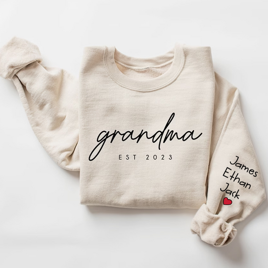 Personalized Grandma Est Sweatshirt, Custom Grandma and Grandkids Name On Sleeve Sweatshirt, Mother's Day Gift For Mom Grandma Mimi Nana Gigi Grammy