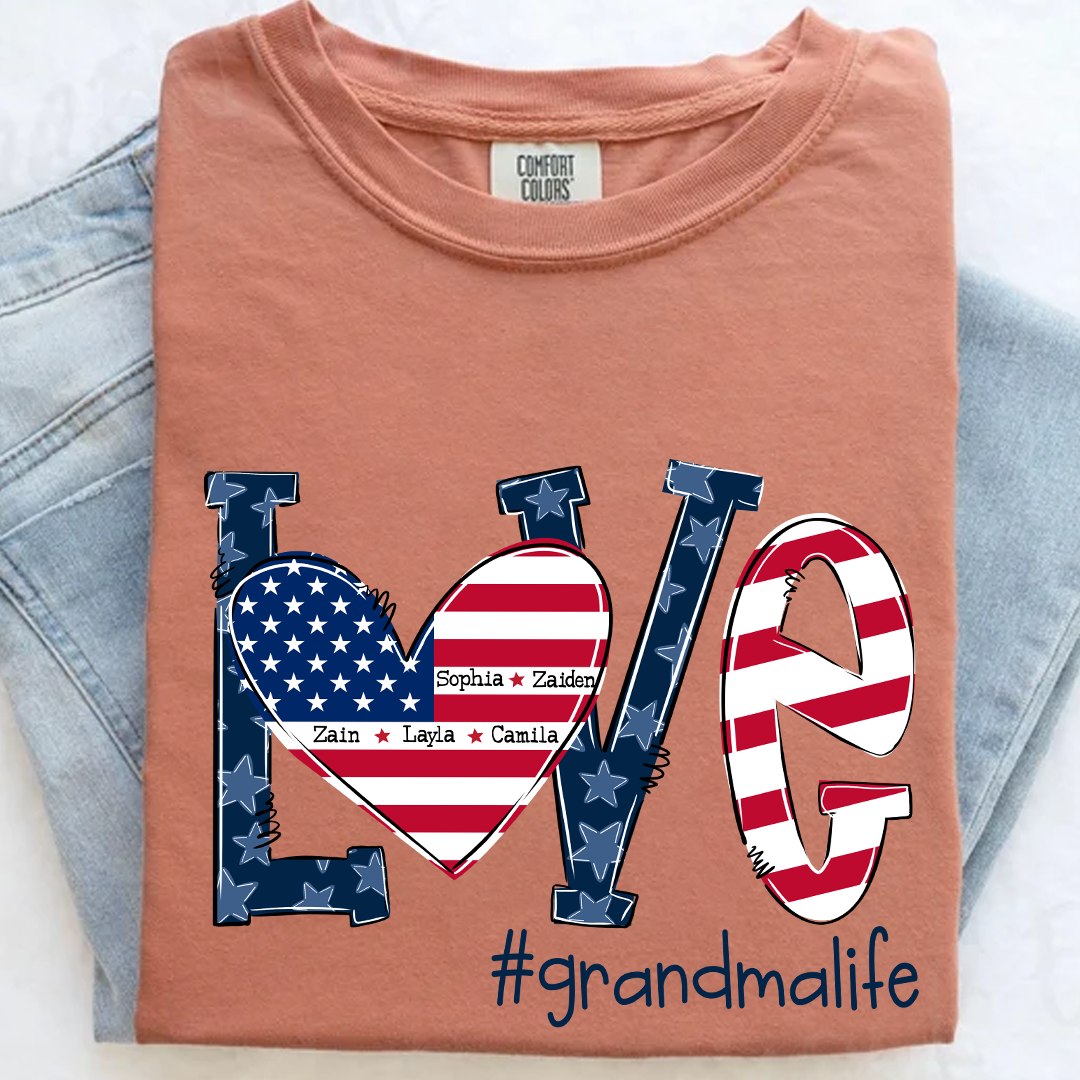 Personalized Grandma Life T-Shirt - LOVE American Flag Heart Design - Custom Grandkids’ Names - USA Patriotic Gift for Proud Grandmothers - Soft Comfort Colors Tee