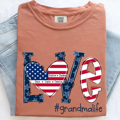 Personalized Grandma Life T-Shirt - LOVE American Flag Heart Design - Custom Grandkids’ Names - USA Patriotic Gift for Proud Grandmothers - Soft Comfort Colors Tee