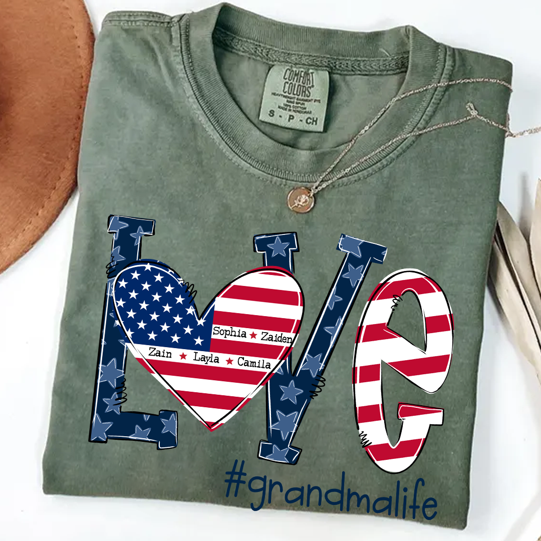 Personalized Grandma Life T-Shirt - LOVE American Flag Heart Design - Custom Grandkids’ Names - USA Patriotic Gift for Proud Grandmothers - Soft Comfort Colors Tee