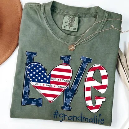 Personalized Grandma Life T-Shirt - LOVE American Flag Heart Design - Custom Grandkids’ Names - USA Patriotic Gift for Proud Grandmothers - Soft Comfort Colors Tee