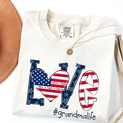Personalized Grandma Life T-Shirt - LOVE American Flag Heart Design - Custom Grandkids’ Names - USA Patriotic Gift for Proud Grandmothers - Soft Comfort Colors Tee