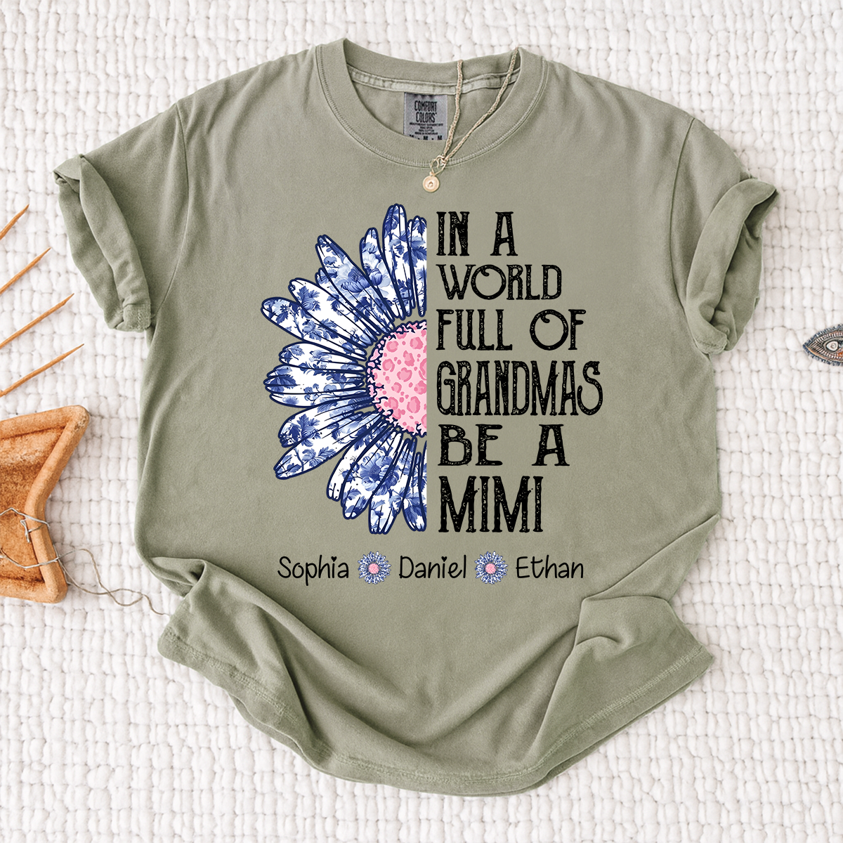 Comfort Colors Custom Mimi Shirt with Grandkids Names In a World Full of Grandmas Be a Mimi Daisy Flower Design Personalized Family Tee