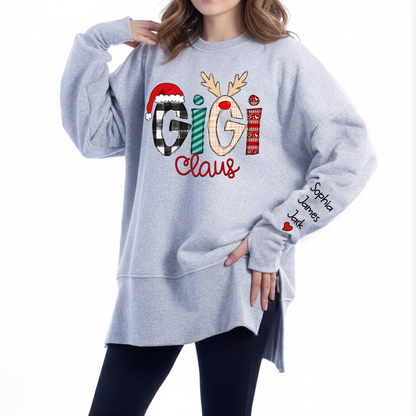Personalized Gigi Claus Oversized Sweatshirt for Christmas – Custom Name Sleeve, Cozy Thumbhole Long Sleeve Holiday Pullover for Proud Gigi