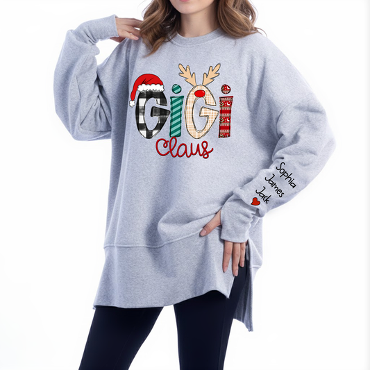 Personalized Gigi Claus Oversized Sweatshirt for Christmas – Custom Name Sleeve, Cozy Thumbhole Long Sleeve Holiday Pullover for Proud Gigi