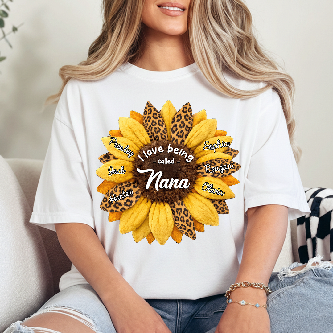 Custom Grandma Shirt, Personalized Sunflower Leopard Print Tee with Kids' Numbers, Gift for Grandma