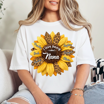 Custom Grandma Shirt, Personalized Sunflower Leopard Print Tee with Kids' Numbers, Gift for Grandma