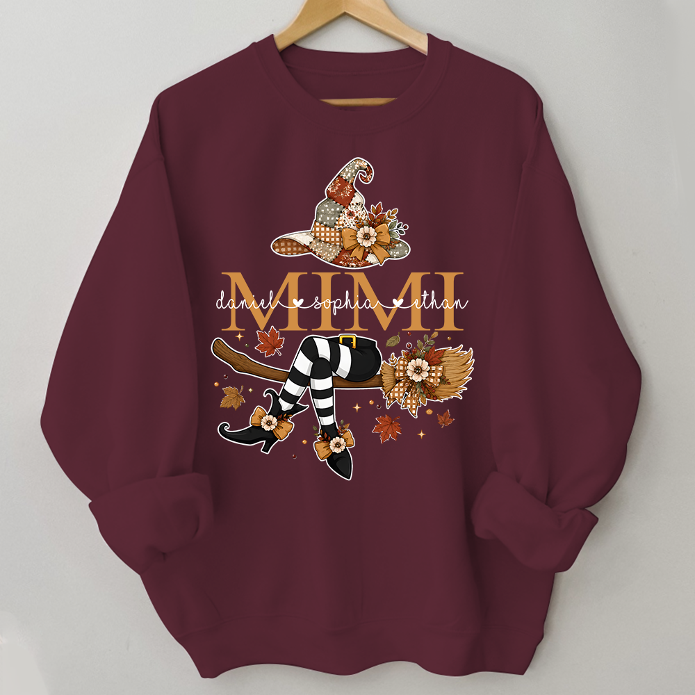 Personalized Halloween Mimi Sweatshirt, Witch Hat Pumpkin Floral Sweatshirt, Custom Kids Names Grandma Fall Outfit