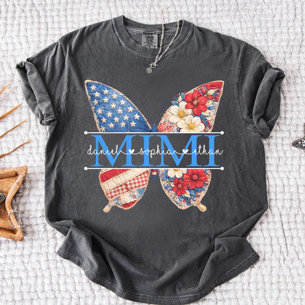 Comfort Personalized Mimi Shirt with Grandkids Names, American Flag and Flower Butterfly Design