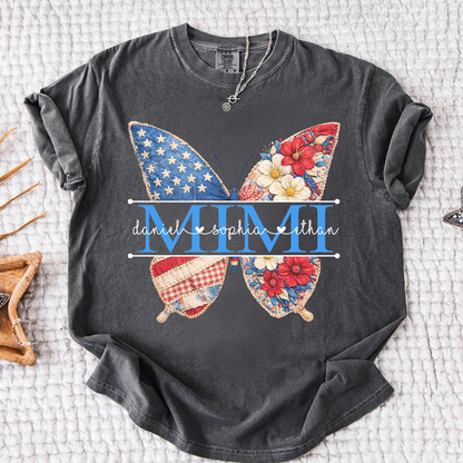 Comfort Personalized Mimi Shirt with Grandkids Names, American Flag and Flower Butterfly Design