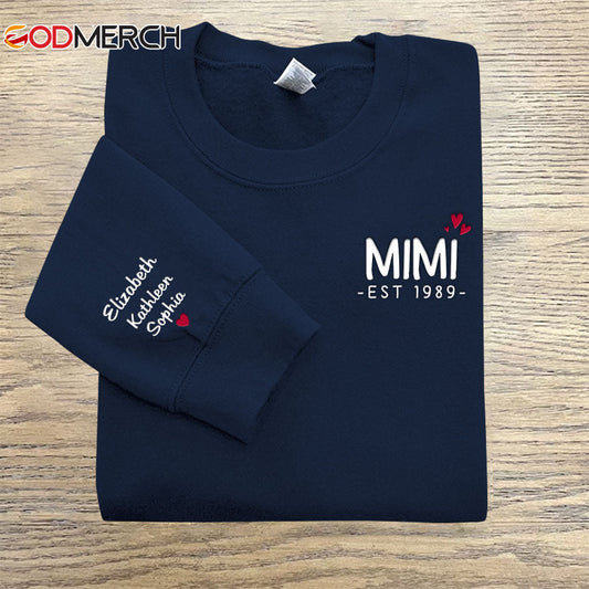 Godmerch Personalized Embroidered Mimi Est Heart Sweatshirt