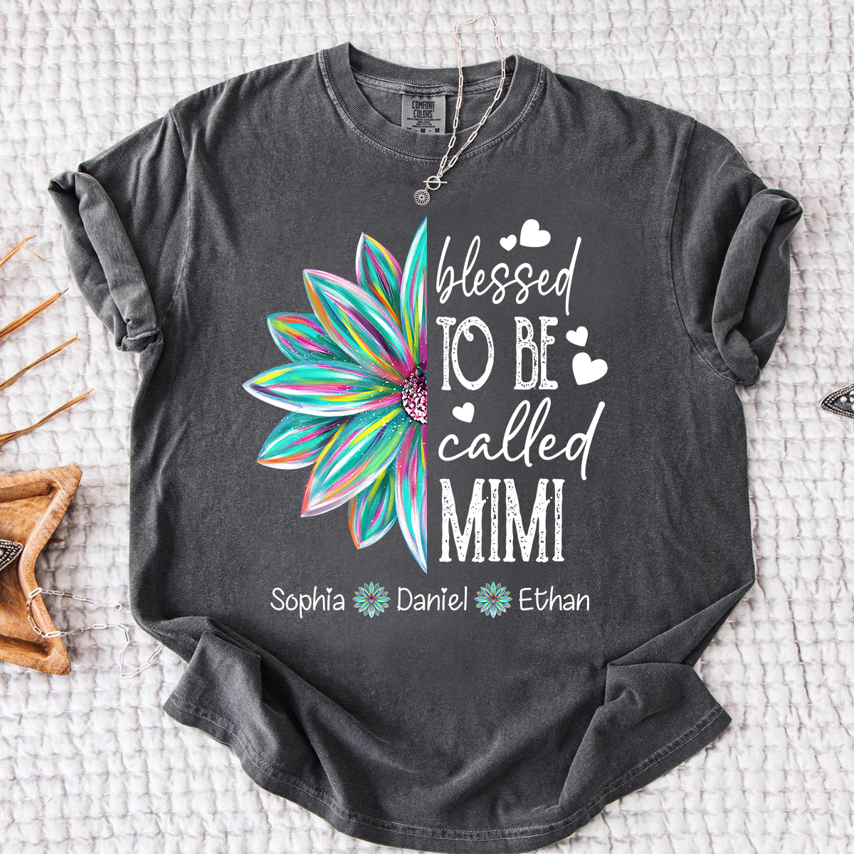 Comfort Colors Blessed To Be Called Mimi Colorful Flower T Shirt, Personalized Grandma Shirt with Kids' Names