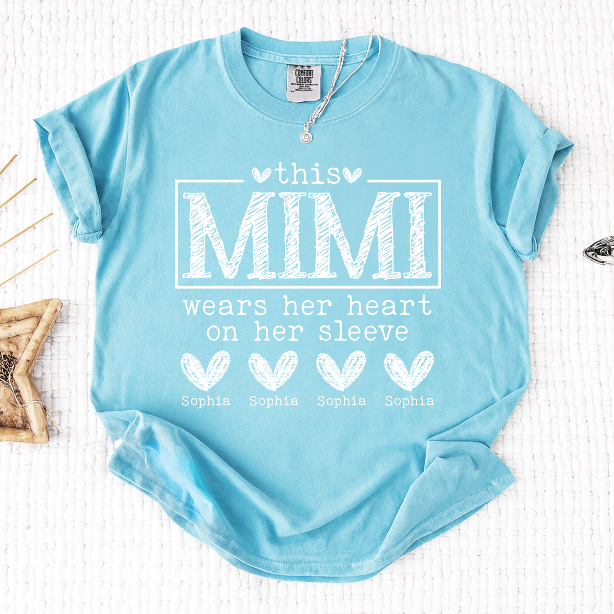 Comfort Colors Custom Mimi Shirt, This Mimi Wears Her Heart on Her Sleeve  with Grandkids Names, Idea Gift for Mother's Day, Birthday