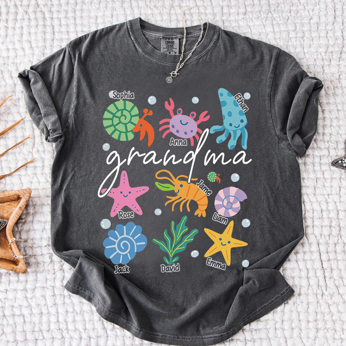 Comfort Colors® Personalized Grandma Sea Animals Shirt, Custom Grandkids Names Tee, Coastal Grandma Ocean Life T Shirt, Beach Gift for Grandma