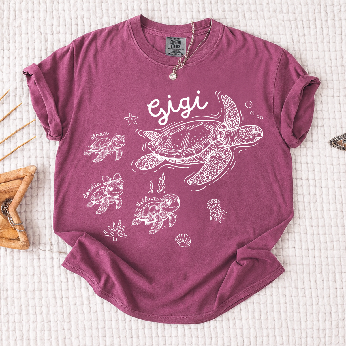 Comfort Colors® Custom Gigi Shirt Featuring Turtle Mom and Baby Names, Unique Grandma Gift Shirt for Women