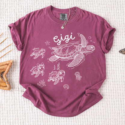 Comfort Colors® Custom Gigi Shirt Featuring Turtle Mom and Baby Names, Unique Grandma Gift Shirt for Women