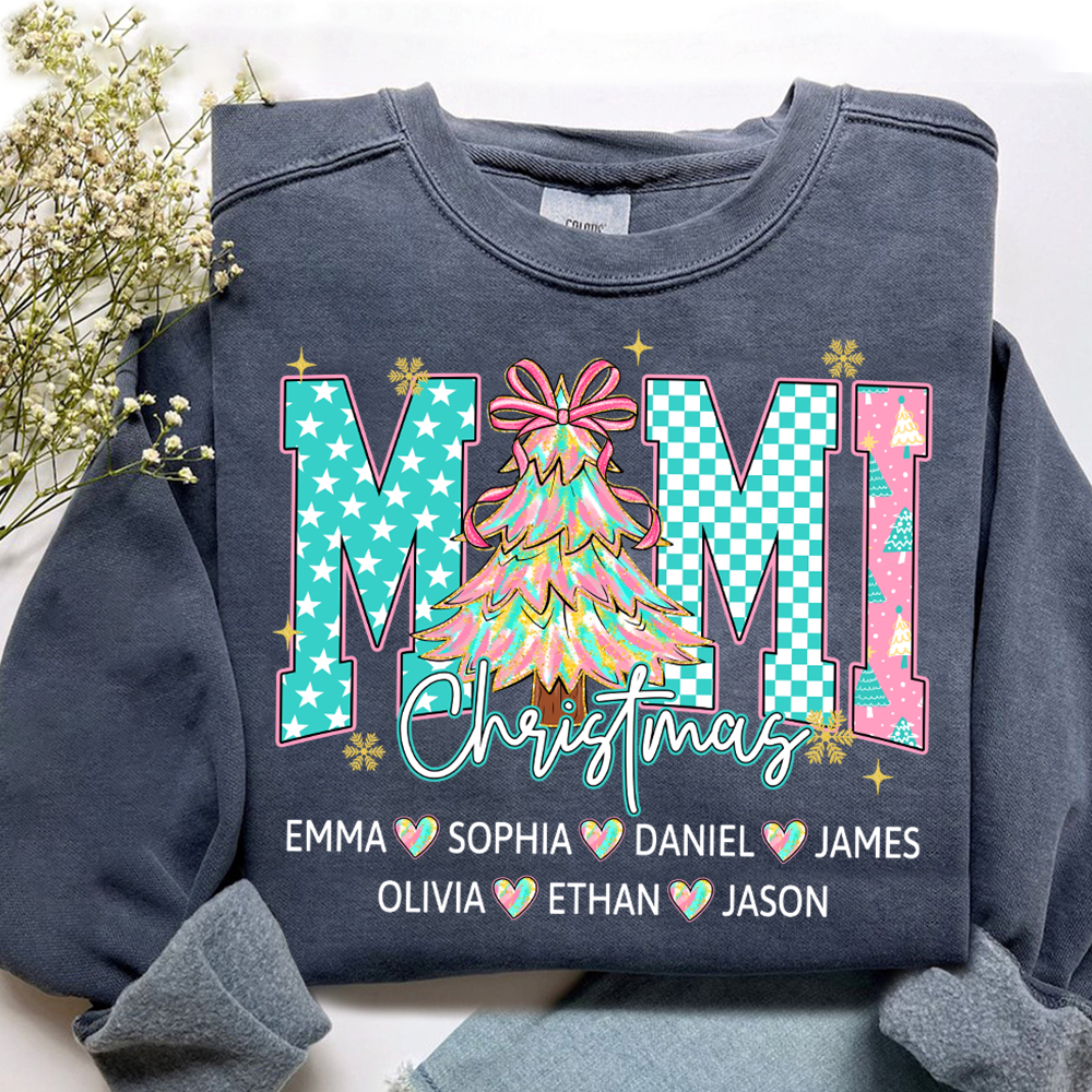 Christmas Tree Mimi Sweatshirt, Custom Family Name for Grandma And Kids
