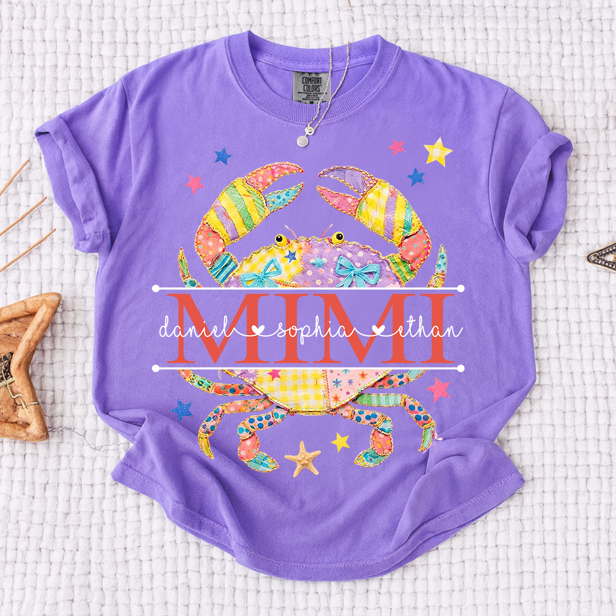Comfort Colors® Personalized Mimi Crab Shirt with Grandkids Names, Coastal Grandma Tee, Custom Beach Crab Graphic T Shirt, Gift for Mimi from Grandchildren