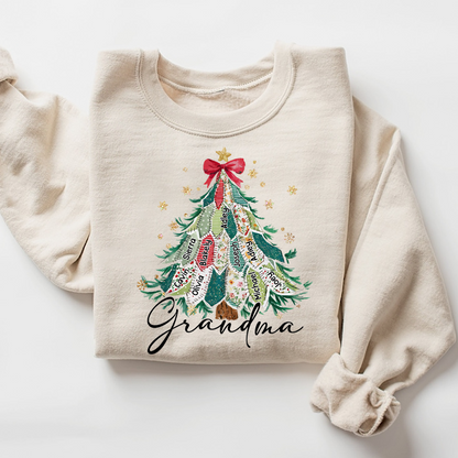 Personalized Grandma Christmas Sweatshirt, Custom Name Tree Ribbon Holiday Shirt