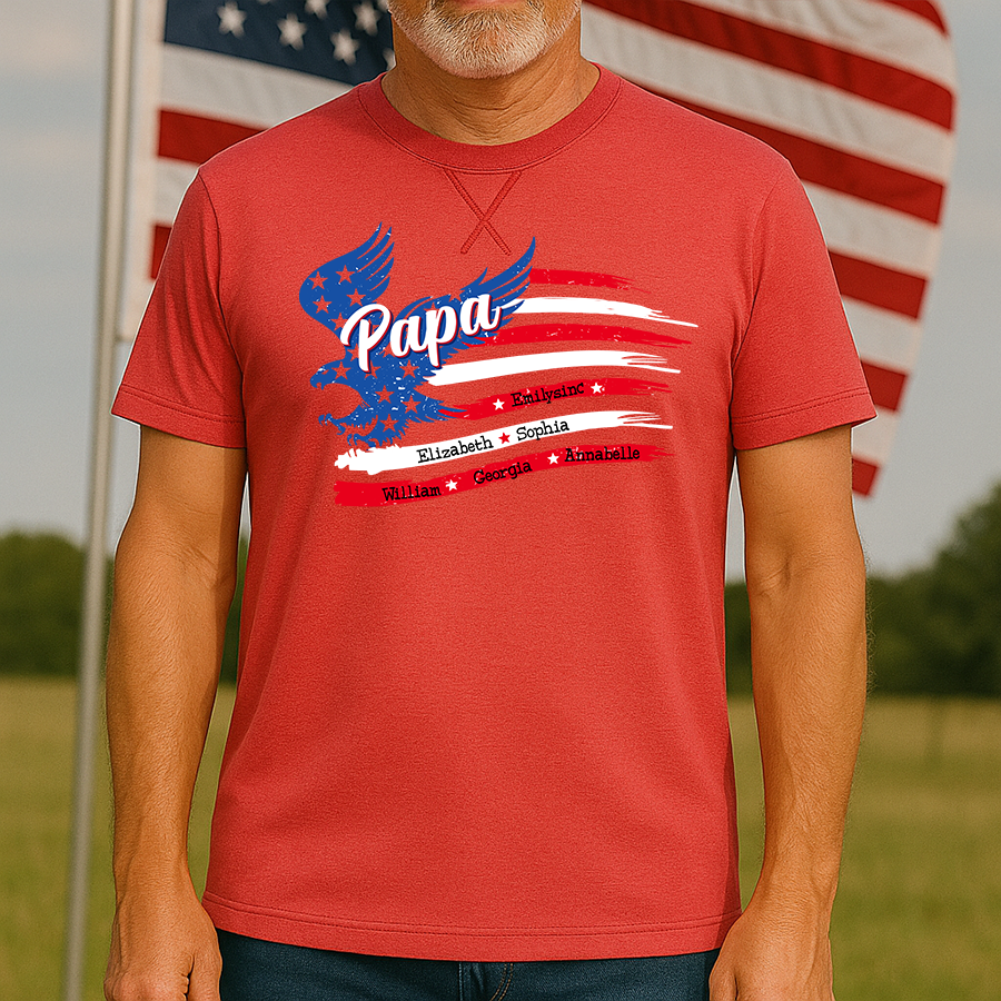 Papa With Grandkids Names 4th Of July Classic X-Stitch Tee