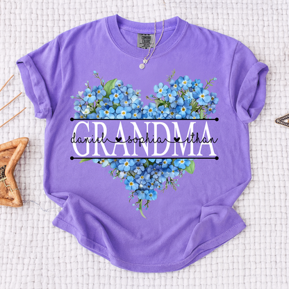 Comfort Mimi Blue Floral Shirt with Custom Grandchildren Names, Heart Family Tee