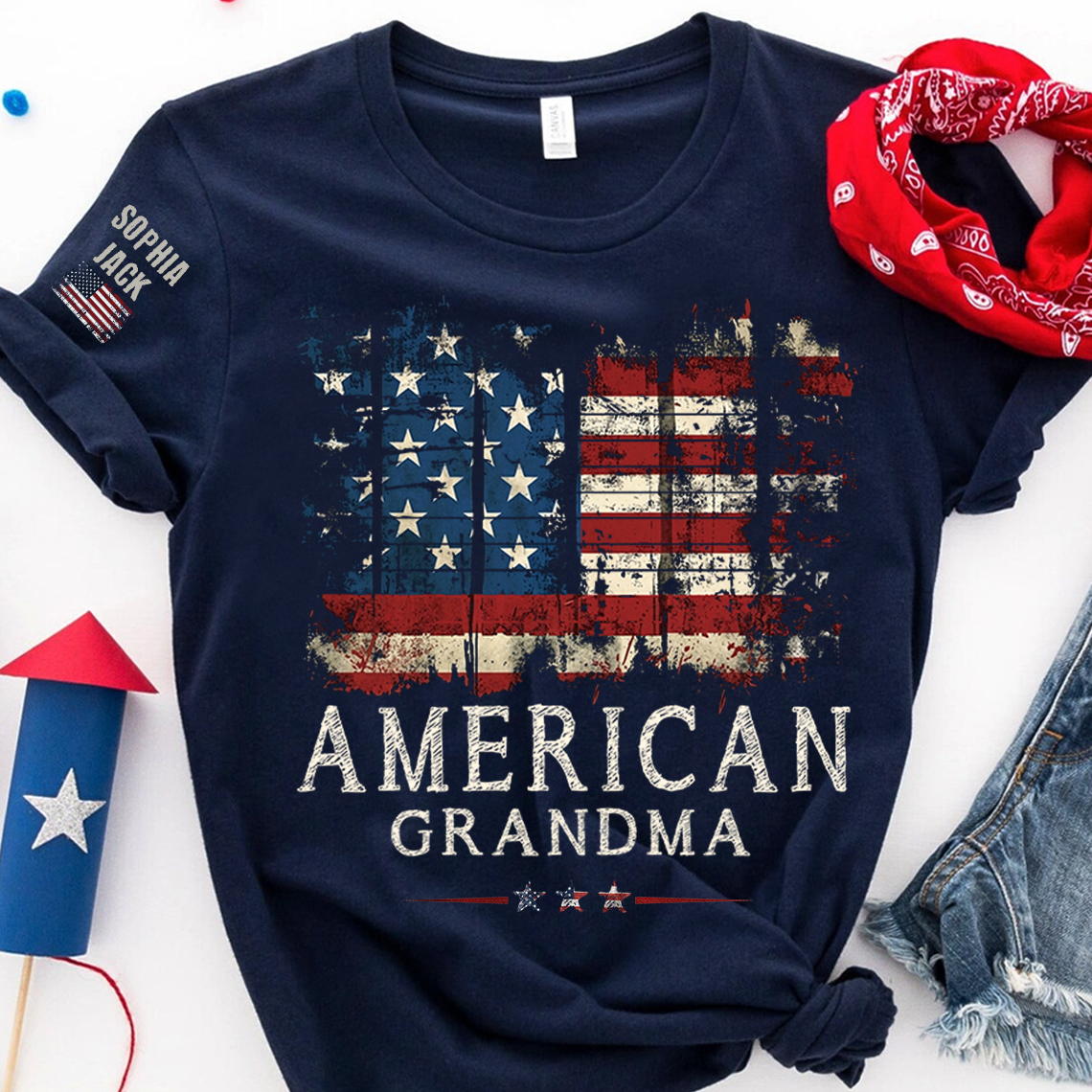 Personalized 4th of July Grandma T-Shirt, Distressed US Flag Gift for Grandmother
