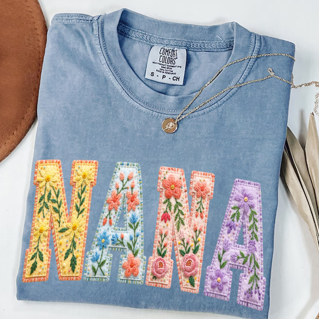 Personalized Nana Shirt Floral Embroidery Design Custom Grandma Mimi Gigi Name Tee with Grandkids Names Vibrant Flower Pattern Family Gift for Women