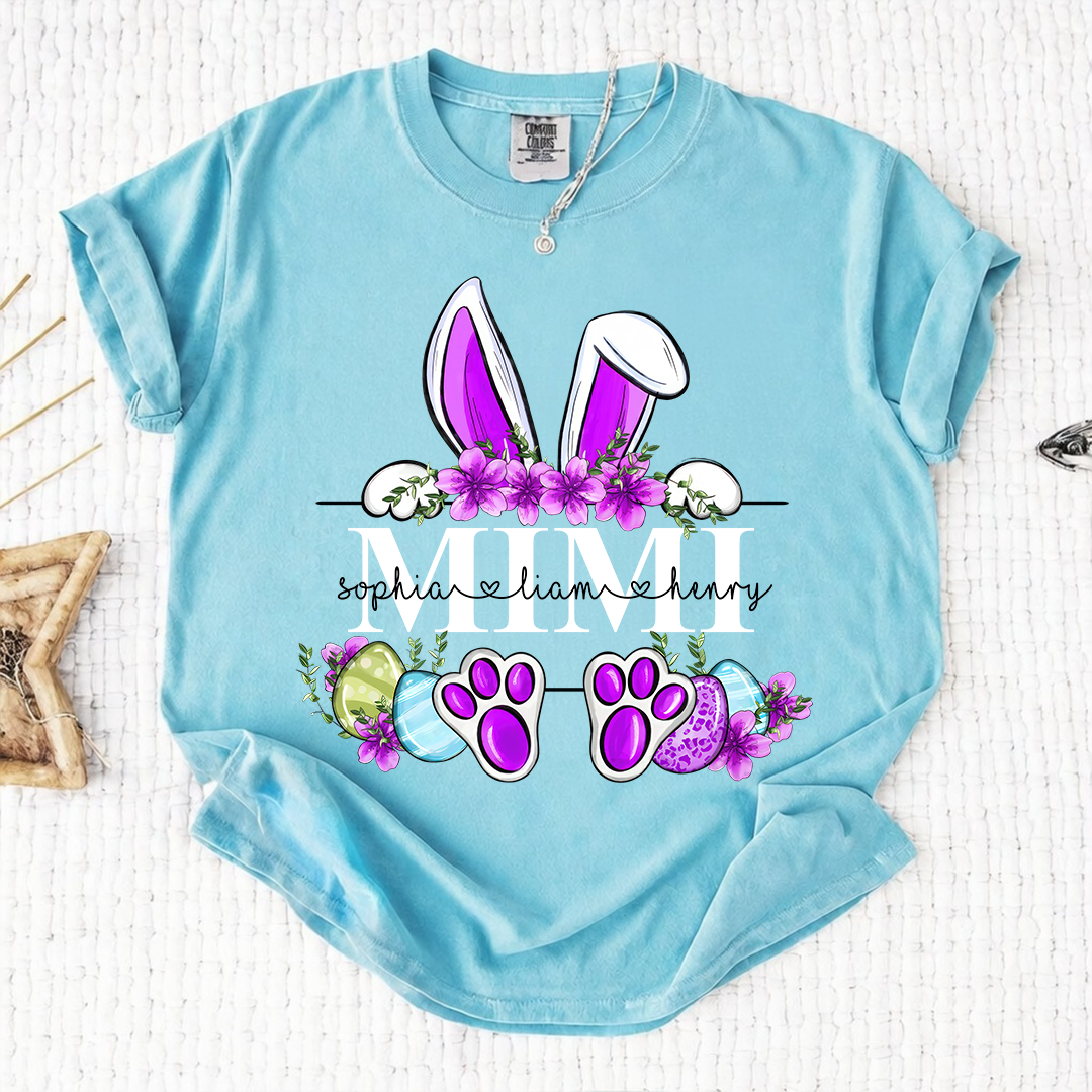 Comfort Colors Personalized Easter Bunny T-shirt | Custom Name Design for Mimi, Grandma, & Mom | Floral Easter Shirt with Bunny Ears and Paw Prints