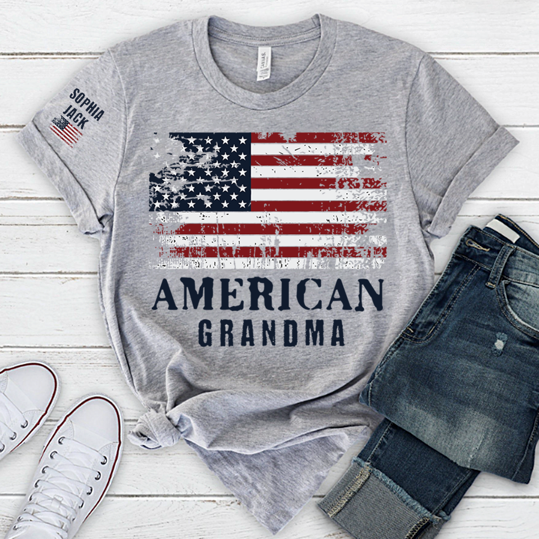 Custom American Grandma T-Shirt, Personalized Grandkids Name Sleeve Patriotic Shirt