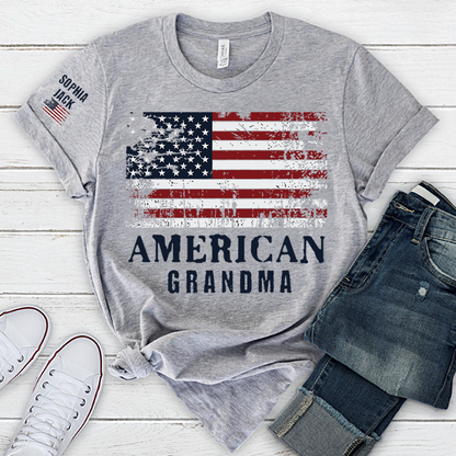 Custom American Grandma T-Shirt, Personalized Grandkids Name Sleeve Patriotic Shirt
