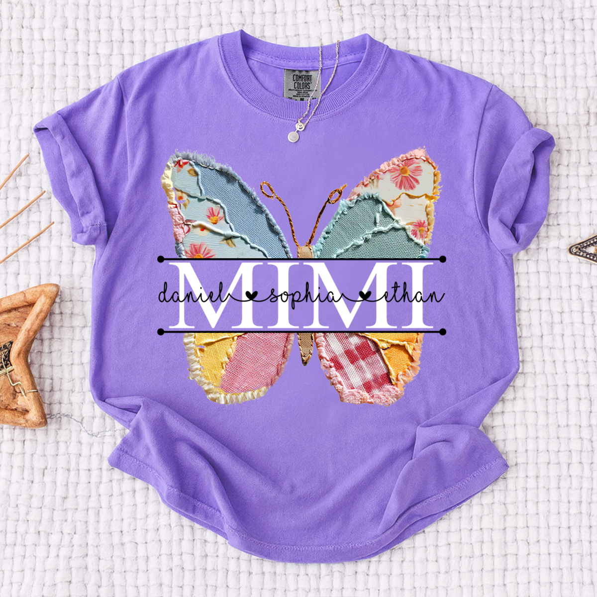 Comfort Colors Custom Mimi T Shirt, Floral Butterfly Design with Grandkids Names, Personalized Family Tee