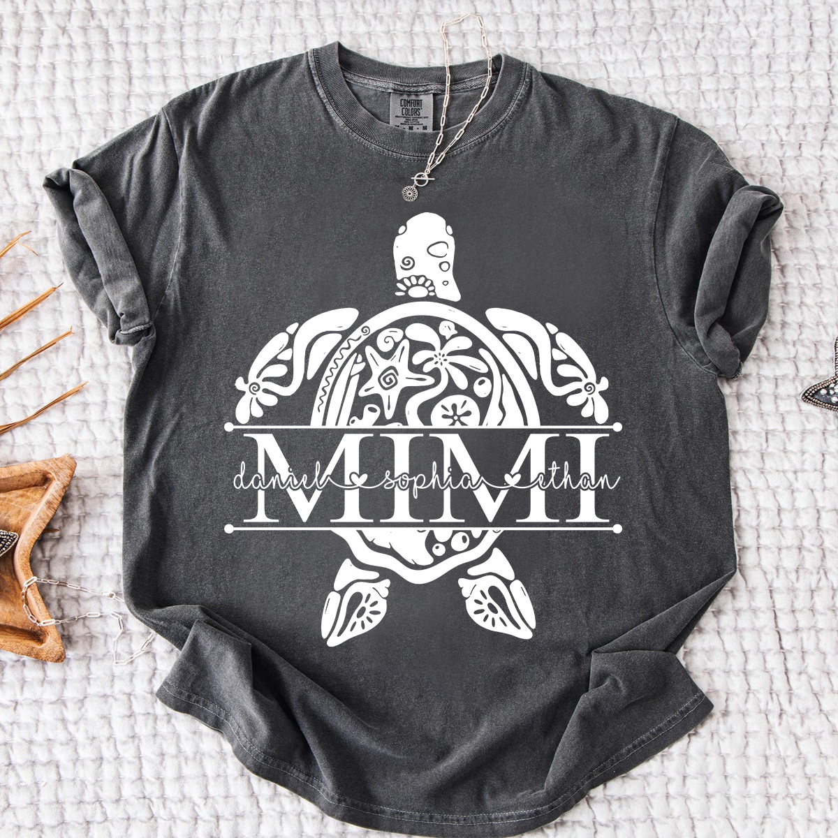 Personalized Mimi Sea Turtle Shirt with Grandkids Names, Coastal Grandma Tee, Custom Turtle Beach T Shirt, Gift for Mimi from Grandchildren