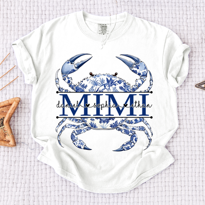 Comfort Colors® Personalized Mimi Shirt, Blue Ocean Crab Graphic Tee, Custom Grandkids Names T Shirt, Cute Coastal Family Gift