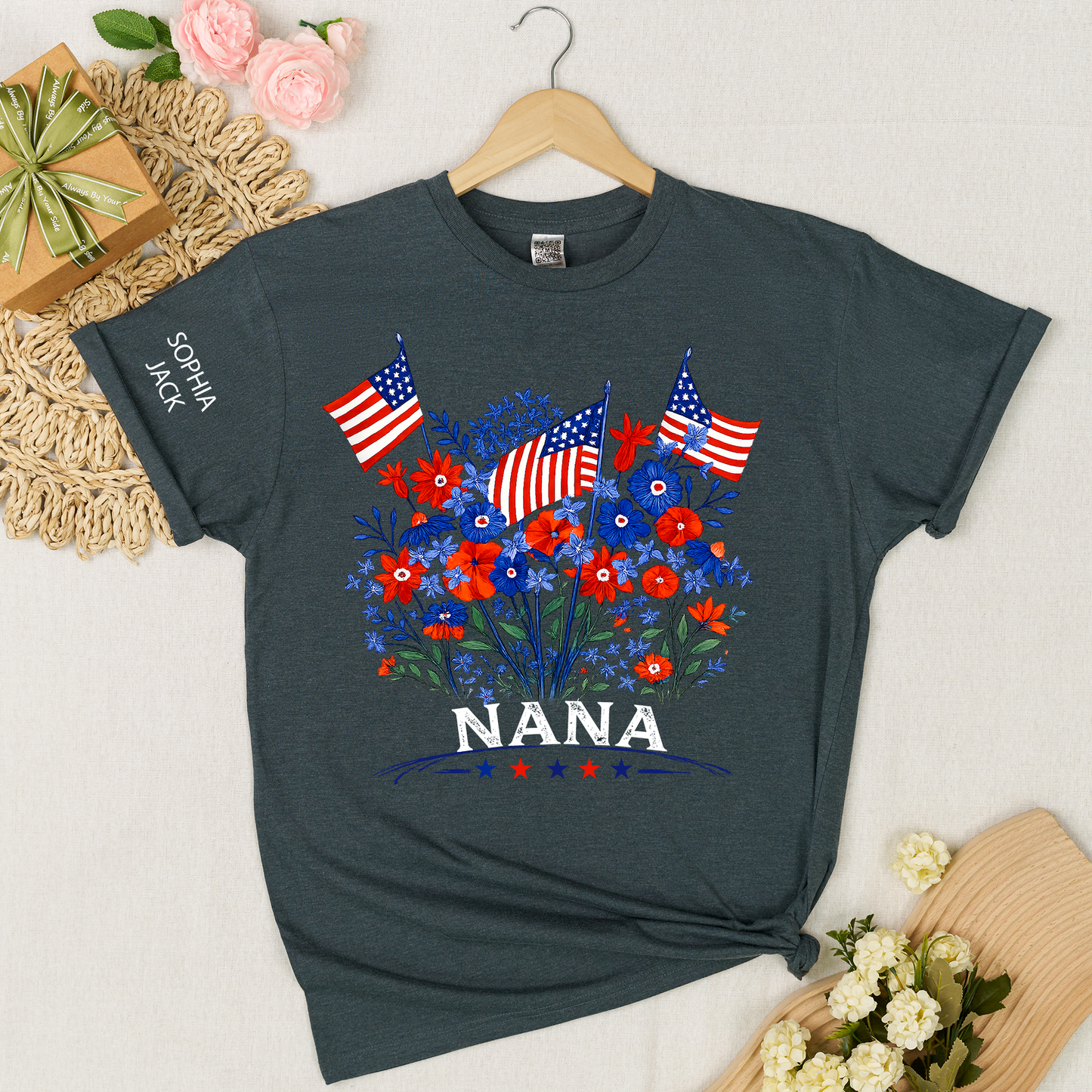 Personalized Nana Shirt Patriotic Floral American Flag Design Custom Grandma Mimi Gigi Name Tee with Grandkids Names Family 4th of July Outfit
