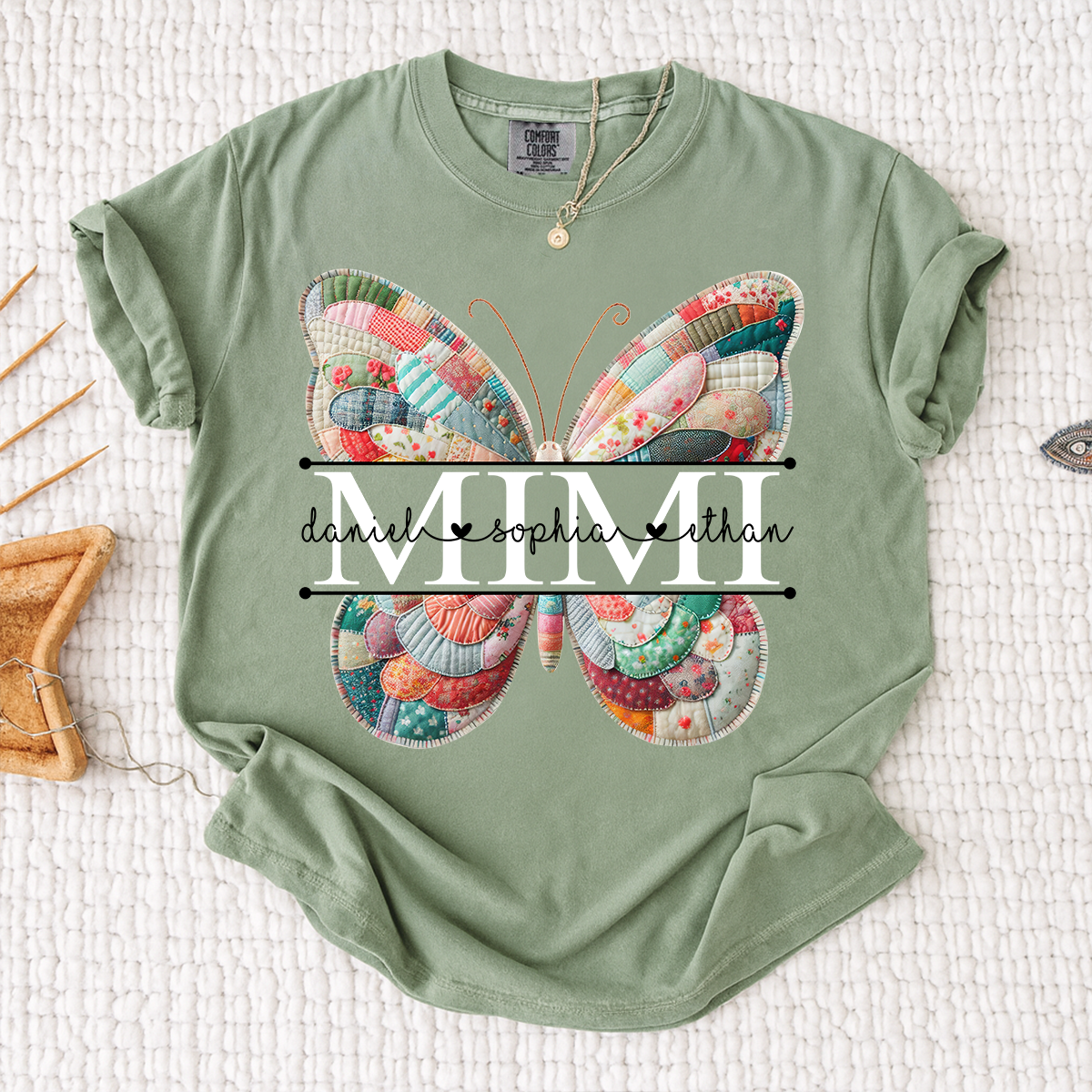 Custom Mimi T Shirt with Butterfly Patchwork Graphic, Personalized Family Names Tee