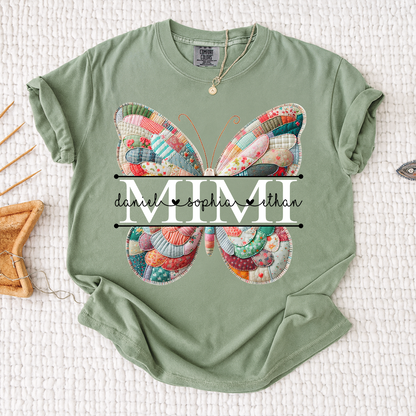 Custom Mimi T Shirt with Butterfly Patchwork Graphic, Personalized Family Names Tee