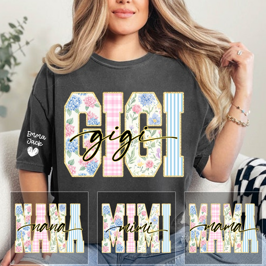 Custom Gigi T Shirt for Women, Personalized Grandma Tee, Floral Pattern Letters Graphic Shirt, Family Love Gift for Gigi