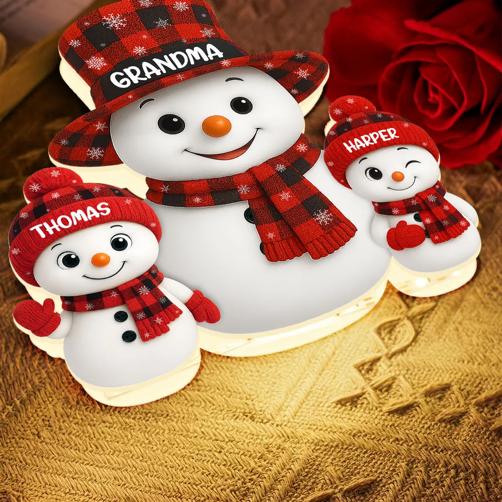 Christmas Checkered Pattern Grandma Grandkids Snowman Together - Personalized Light - Gift For Grandmas Light Box