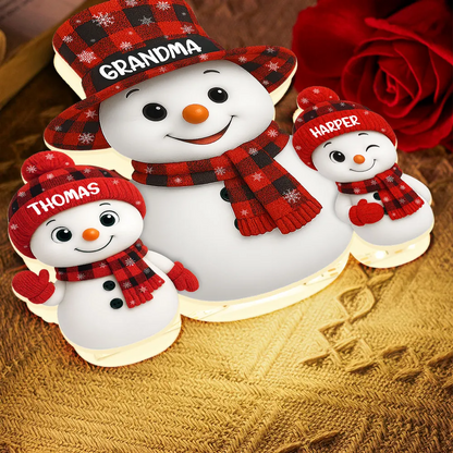 Christmas Checkered Pattern Grandma Grandkids Snowman Together - Personalized Light - Gift For Grandmas Light Box