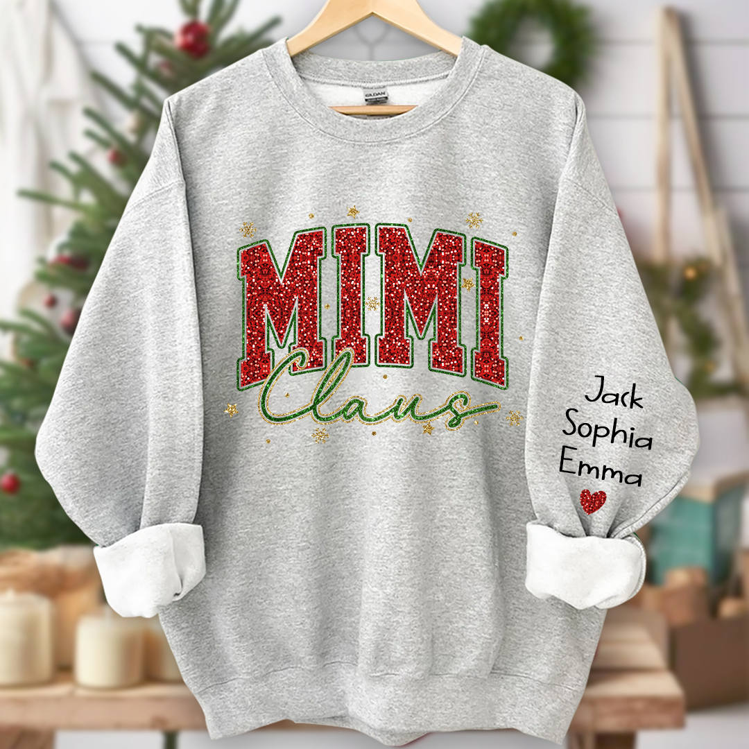 Personalized Mimi Claus Glitter Sweatshirt - Custom Christmas Sweater with Grandkids' Names - Festive Holiday Apparel for Grandmas
