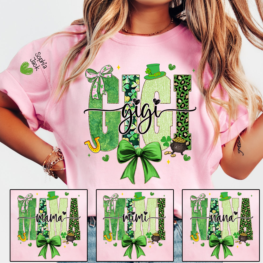 Gigi St Patrick’s Day Shirt, Green Shamrock Bow Family T Shirt, For Gift Gigi And Kids