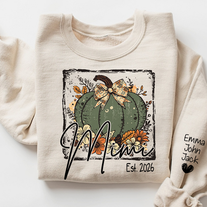 Mimi Pumpkin Shirt for Women, Floral Fall Bow Design Tee, Personalized Grandma T Shirt, Cozy Autumn Gift Idea