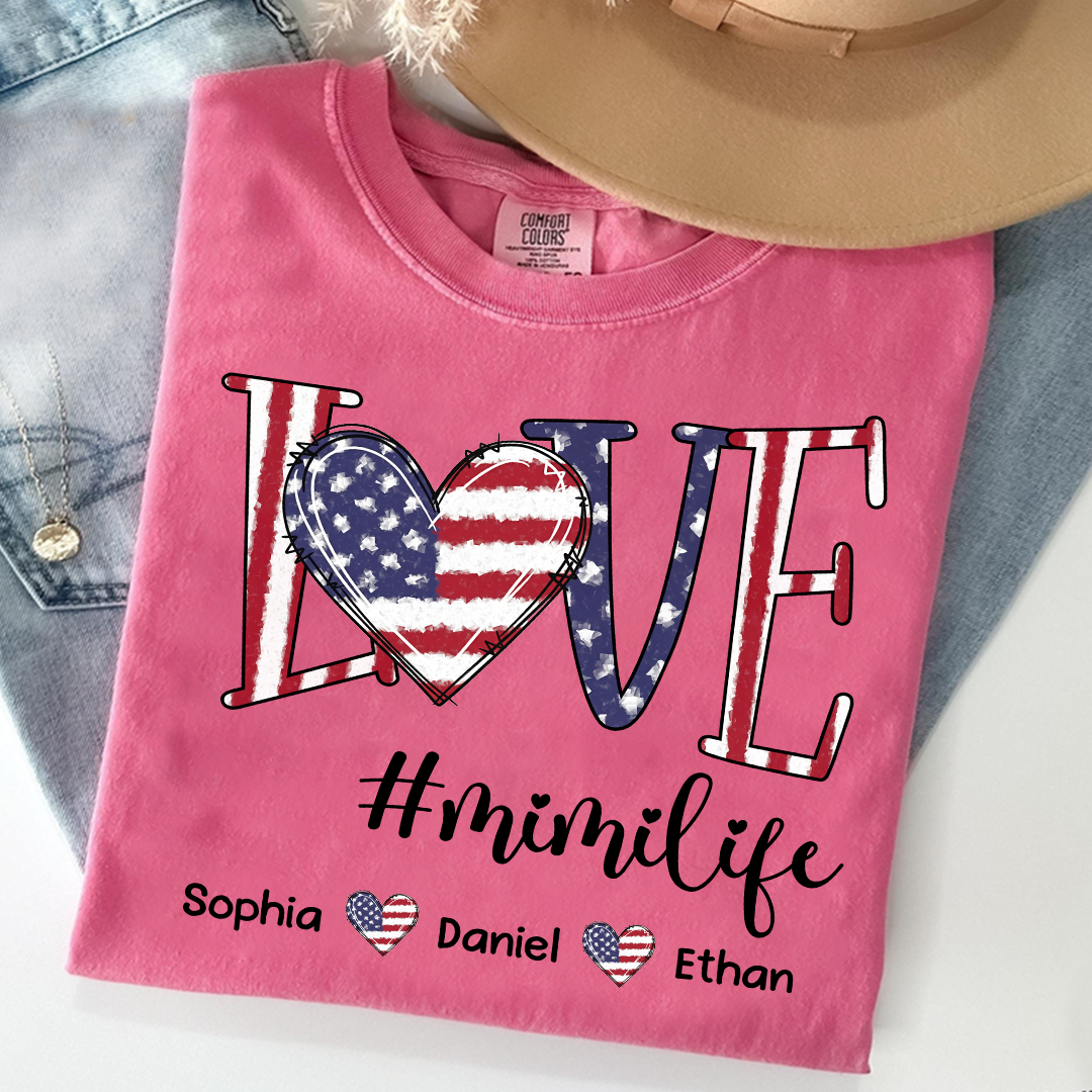 Comfort Colors Custom Mimi T Shirt with Grandkids Names USA Flag Love Graphic Mimi Life Shirt Personalized Grandma Apparel Family Gift