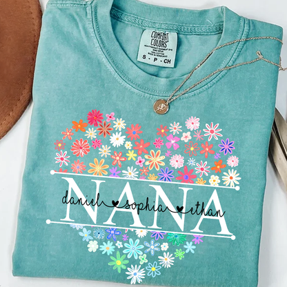 Comfort Colors Personalized Nana Flower Heart Shirt, Custom Grandma Nickname Tee With Kids Names, Mimi Gigi Grandma Floral Heart Design Family Grandkids Name Shirt Mothers Day Grandma Apparel