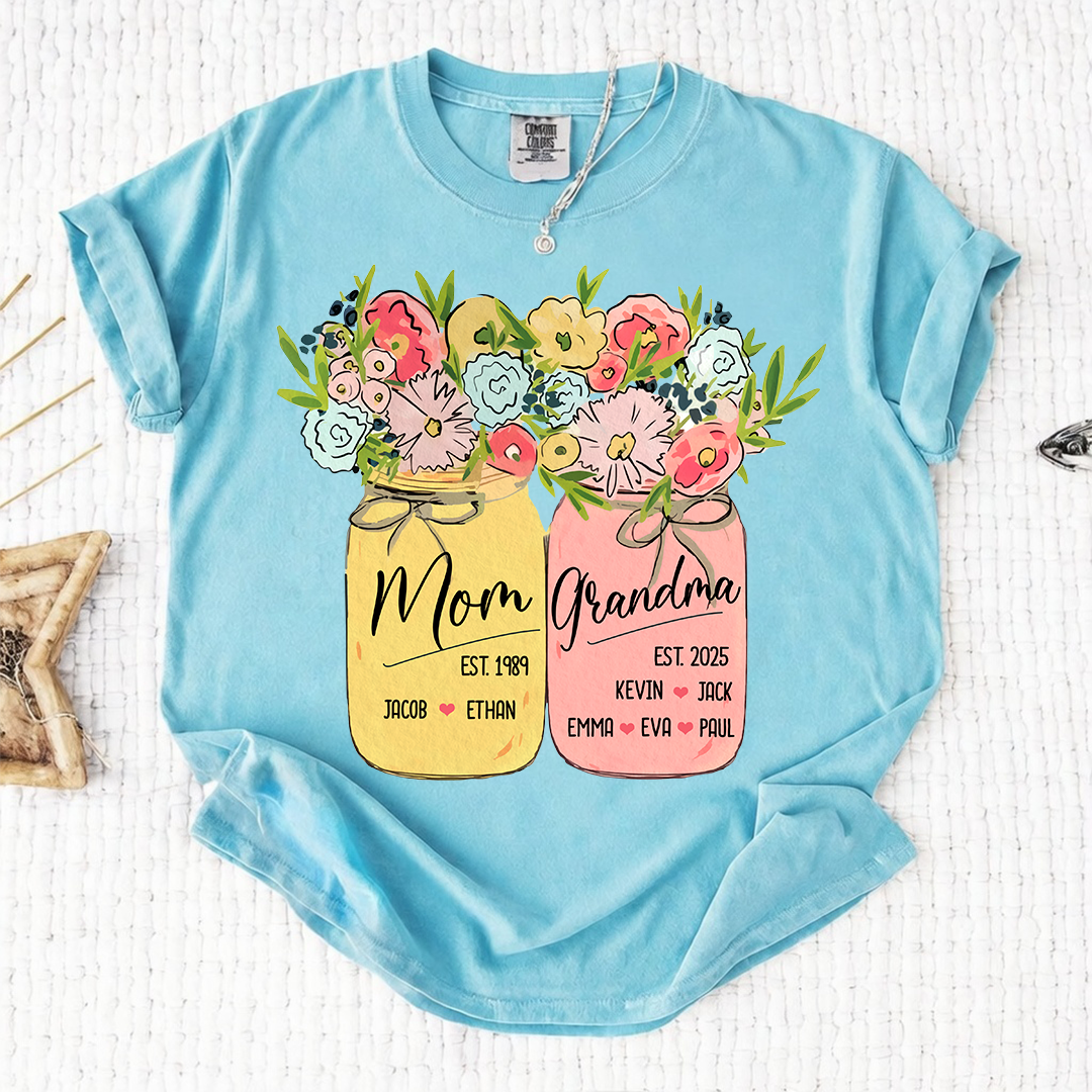 Personalized Mom Grandma Shirt Birth Flower Mason Jar Design Custom Nana Mimi Gigi Name Tee with Kids Names Meaningful Family Keepsake Gift for Women
