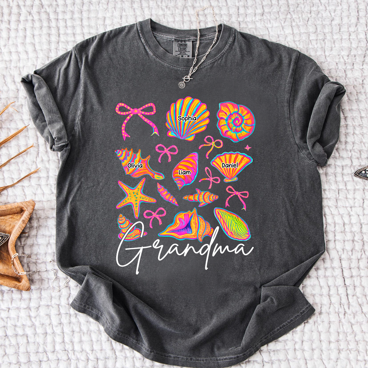 Comfort Colors Personalized Grandma Shirt with Grandkids Names, Custom Beach Seashell Grandma Tee, Coastal Summer Family Gift for Grandmother
