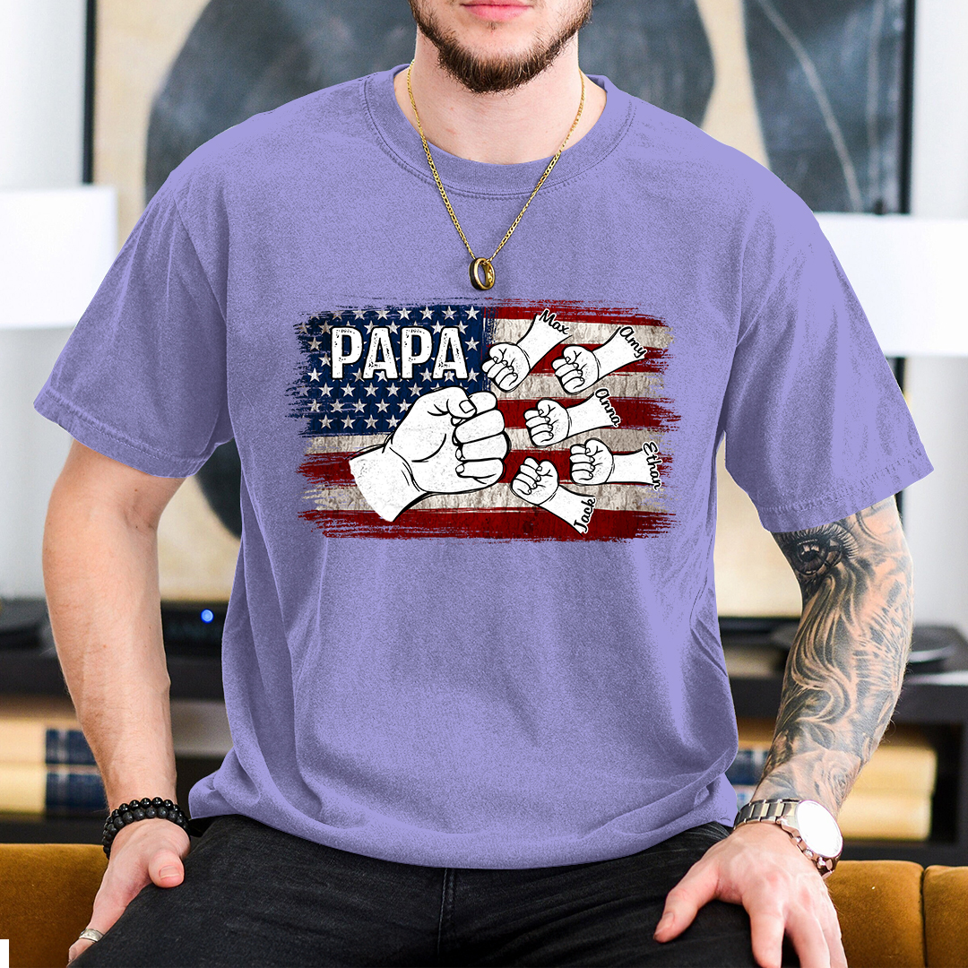 Comfort Colors® Papa Fist Bump Shirt with Kids Names – American Flag Custom T-Shirt for Dad