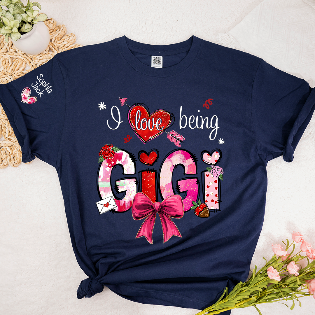 Personalized I Love Being A Nana Valentine's Day T-shirt Cute bows And Strawberries, Gifts for Grandma And Children