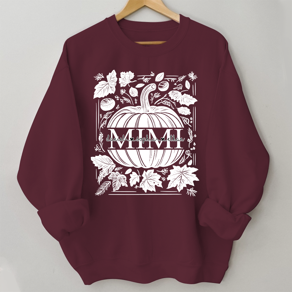 Custom Mimi Autumn Sweatshirt, Pumpkin and Leaf Design with Grandkids Names, Personalized Grandma Fall Apparel