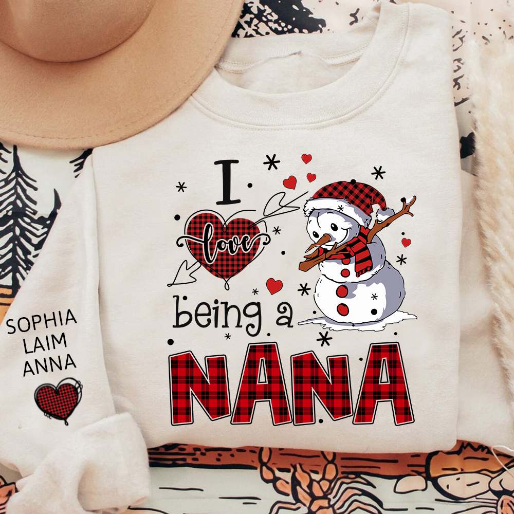 I Love Being a Nana Sweatshirt, Personalized Christmas Snowman Shirt with Kids Names